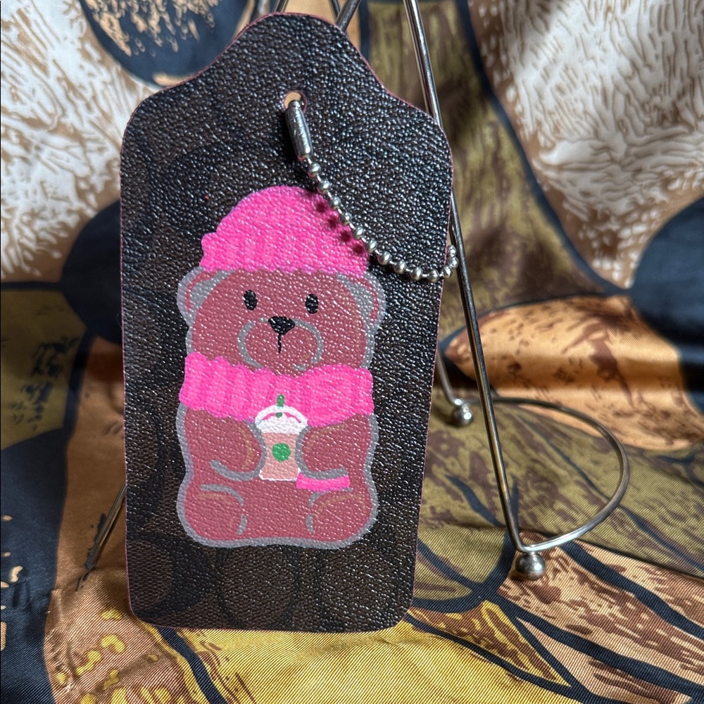 Coach hand tag oversize Brown Bear Keychain with Pink Hat and Scarf handmade it